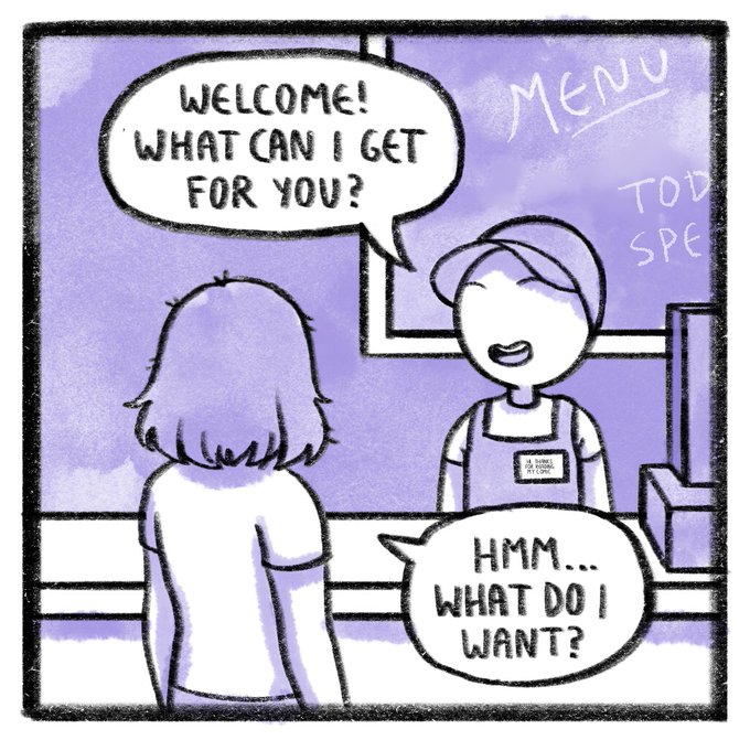 I am a very indecisive person and I honestly think it's because I get analysis paralysis. If I'm offered too many choices, my brain gets super overwhelmed and I either will completely withdraw from making a decision completely, or I will choose a random option. (1/2) #adhd #comic 