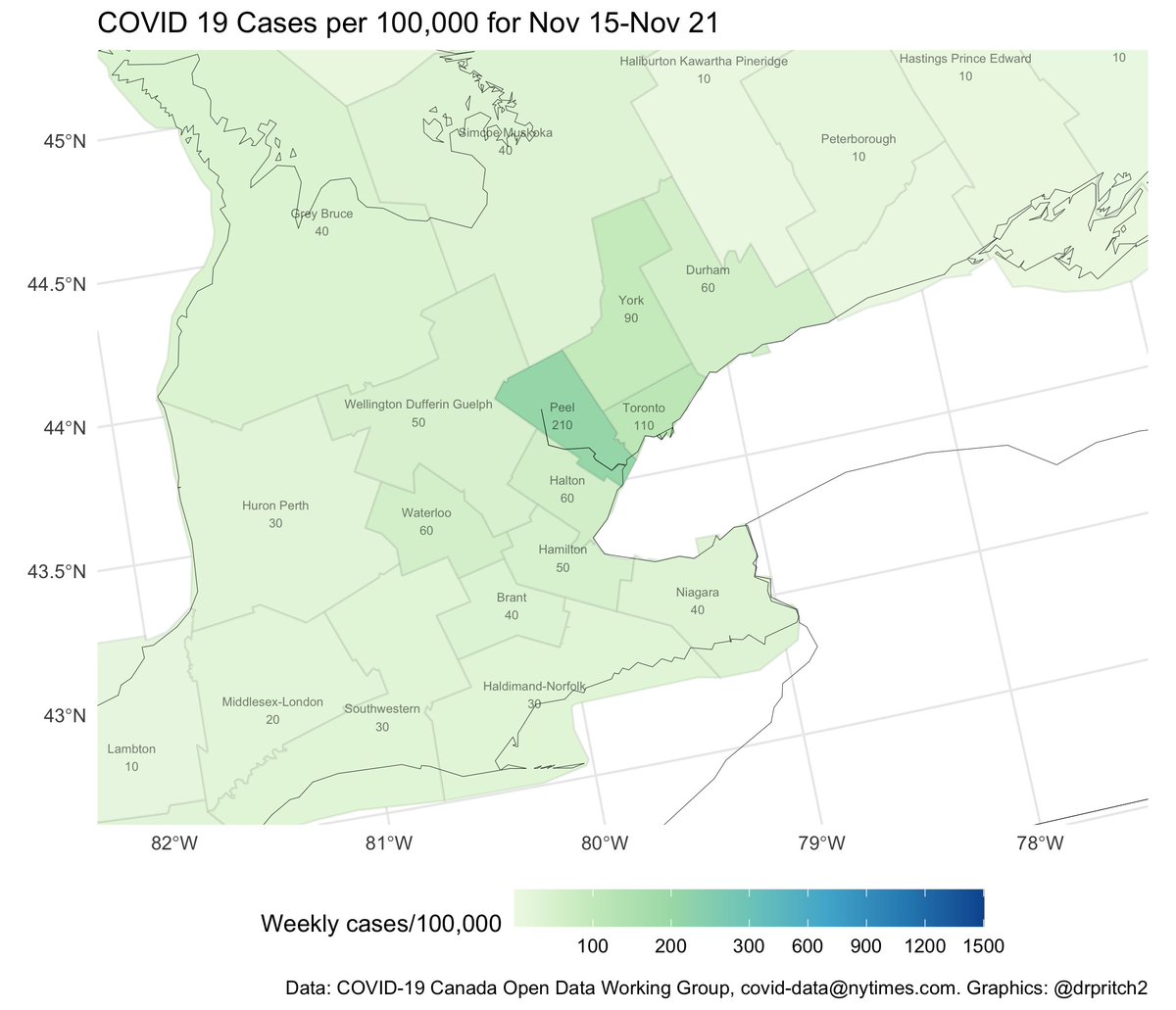 2/ This is what we think about in Ontario right now. Peel: nearly 200 weekly cases/100k population. Toronto: also in lockdown. The rest of the Greater Toronto Hamilton Area, in the 50-110 bracket, above the red "Control" threshold of 40.