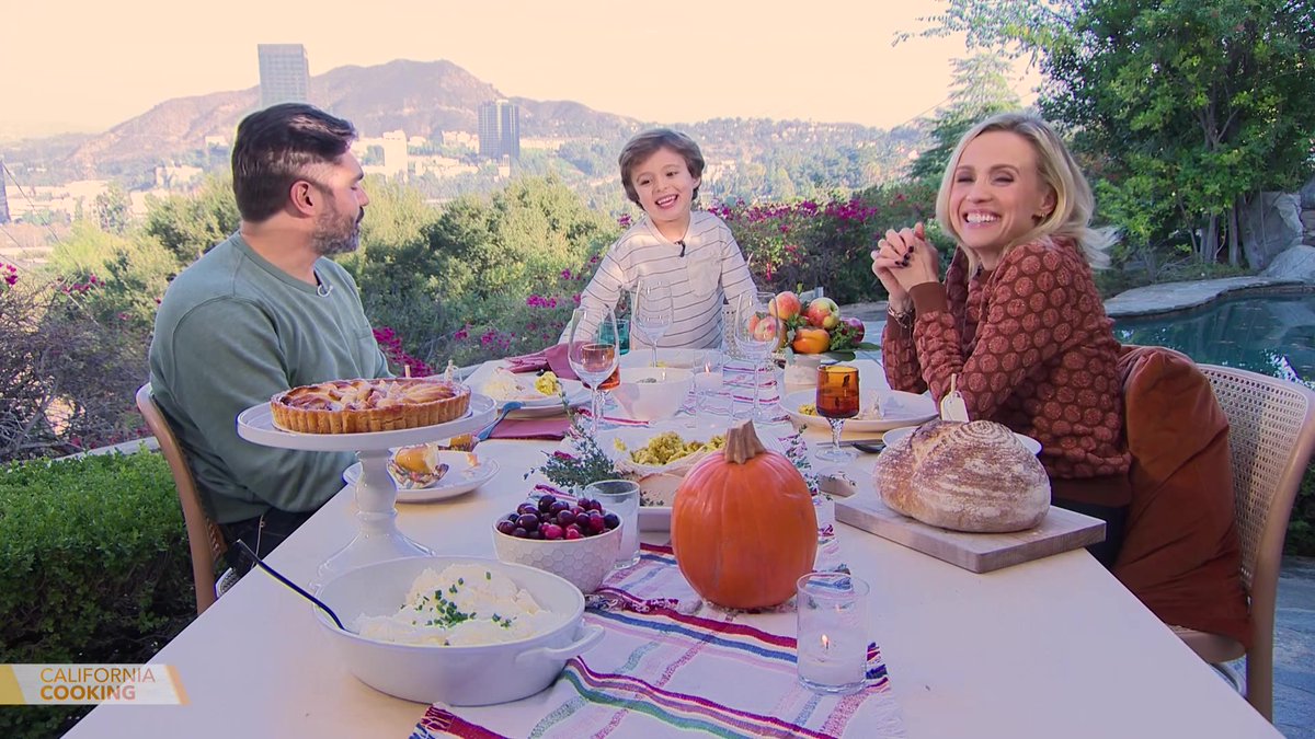 KTLA's tweet photo. In part 2 of our #CaliforniaCooking Thanksgiving special, @jessicaktla honors a local teacher with a special surprise๐ ! Plus, she and Levi make caramel apple place settings for the table, and the family shares what theyโre grateful for ๐ . Watch live: https://t.co/c47Dcb2MUK https://t.co/HVY8LIPxxd