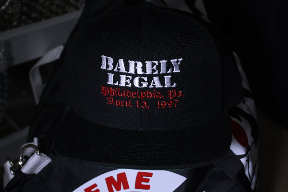 silvamore's tweet photo. Barely Legal hats + sweatpants available Thursday at 12PM EST #PHILLYWEEK #ECW https://t.co/pieh8tahgN