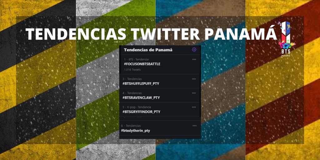 btsptystreaming's tweet photo. [TENDENCIAS] 25-11-2020

Los hashtags #FOCUSONBTSBATTLE
#BTSGRYFFINDOR_PTY
#BTSRAVENCLAW_PTY
#BTSHUFFLEPUFF_PTY
#BTSSLYTHERIN_PTY 
son tendencias #1, #3, #4, #5 y #8 en 🇵🇦🥳

¡Sigamos así ARMY, estamos haciendo un buen trabajo!🔥

@BTS_twt

©BTS Panamá Support Team https://t.co/mkamfH34aU