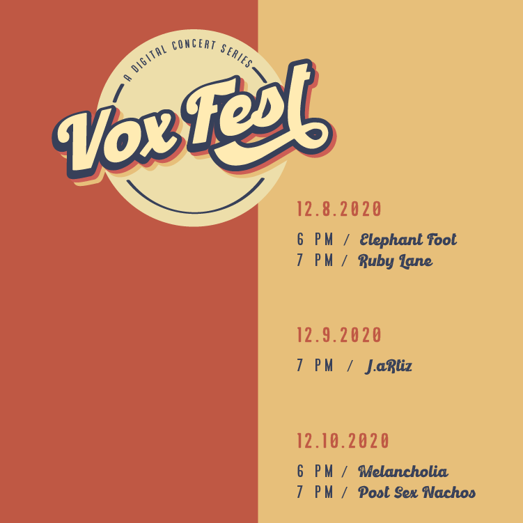 VoxMag's tweet photo. Here's the lineup for Vox Fest, premiering on Facebook Live Dec. 8–10. Tune in to get a closer look at some of Columbia's talented musicians.
Follow Vox on Faceboook at https://t.co/ES83XYPxNc. https://t.co/1CaN43v467