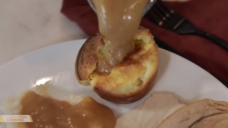 KTLA's tweet photo. In this Thanksgiving-themed #CaliforniaCooking episode ๐ฆ, @FrankBuckleyTV and his wife make Yorkshire pudding, @MarkKriski shares his sausage sage stuffing recipe and @SamOnTV introduces @jessicaktla to The Apple Pan ๐ฅง. Watch live: https://t.co/c47Dcb2MUK https://t.co/E4yjB6WaIj