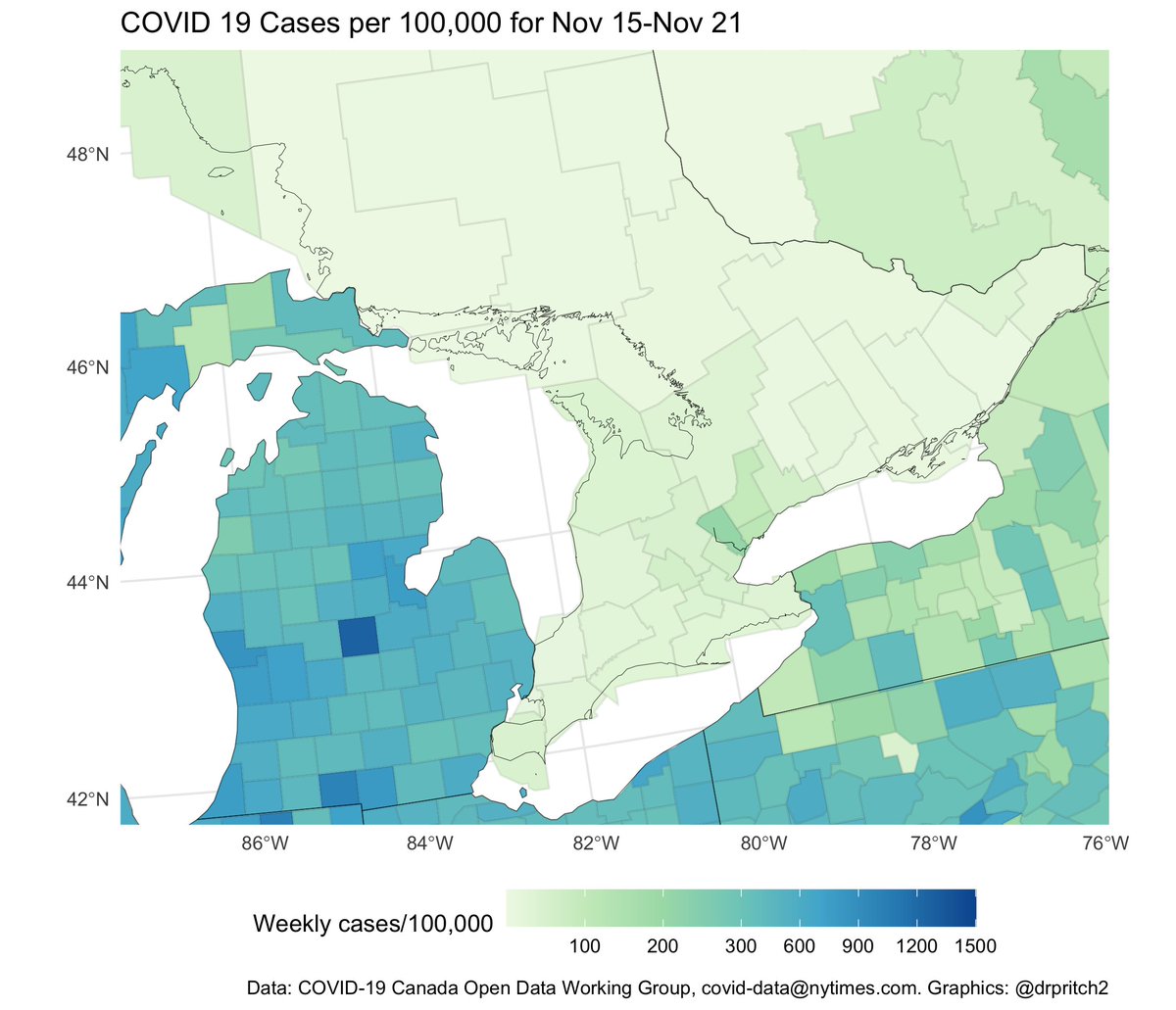 4/ Now take a breath.Detroit, Cleveland, Flint and their suburbs are in the 400-500 weekly cases/100k range. Michigan's Upper Peninsula bordering Sault Ste. Marie is also high, but least sparsely populated.