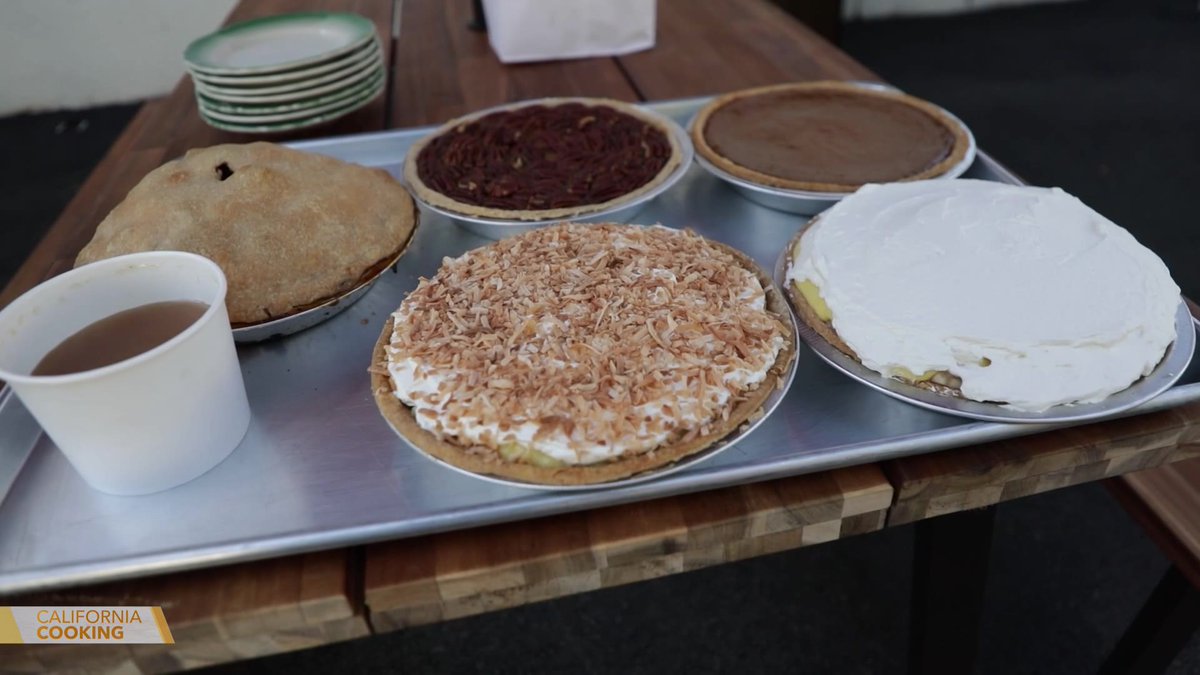KTLA's tweet photo. In this Thanksgiving-themed #CaliforniaCooking episode ๐ฆ, @FrankBuckleyTV and his wife make Yorkshire pudding, @MarkKriski shares his sausage sage stuffing recipe and @SamOnTV introduces @jessicaktla to The Apple Pan ๐ฅง. Watch live: https://t.co/c47Dcb2MUK https://t.co/E4yjB6WaIj