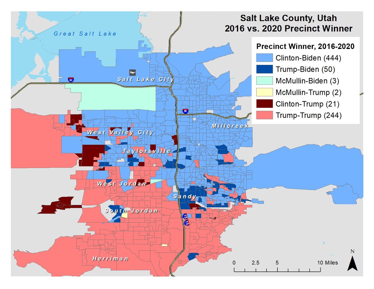 Salt Lake CountyBlue county in 2008, 2016, & 2020Biden flips 50 Trump 2016 precincts blue vs. only 21 red-to-blue flips from 2016-2020Efforts of  @VoteSuz  @SLCountyDems  @LDS4BidenHarris  @PetersonUtah help flip precincts blue, esp. in Sandy Maps:  https://photos.app.goo.gl/xjyp4Q1q3LRCA3dG6