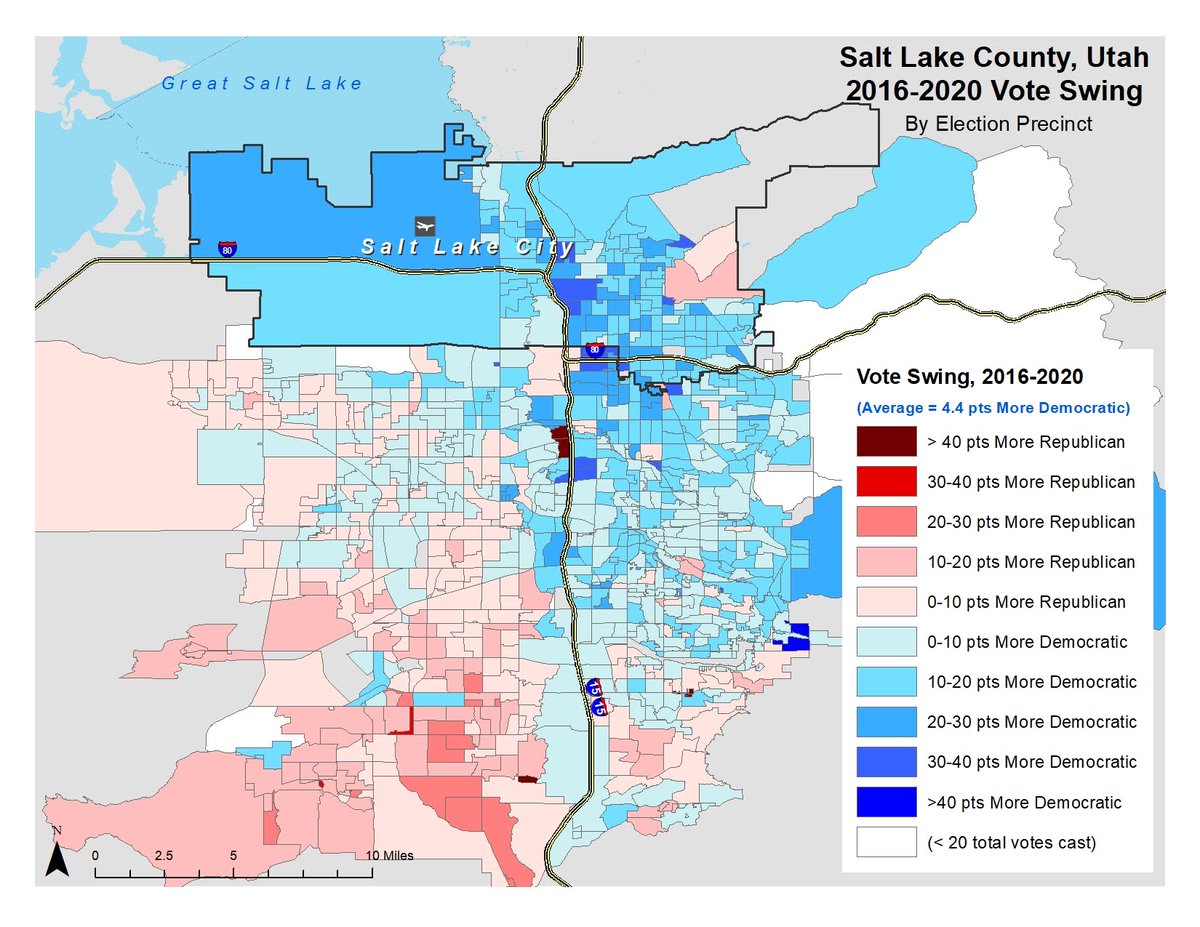 Salt Lake County, 2016-2020Net Vote Swing = +4.4 more DemFull size maps by Jacob S. Rugh:  https://photos.app.goo.gl/xjyp4Q1q3LRCA3dG6