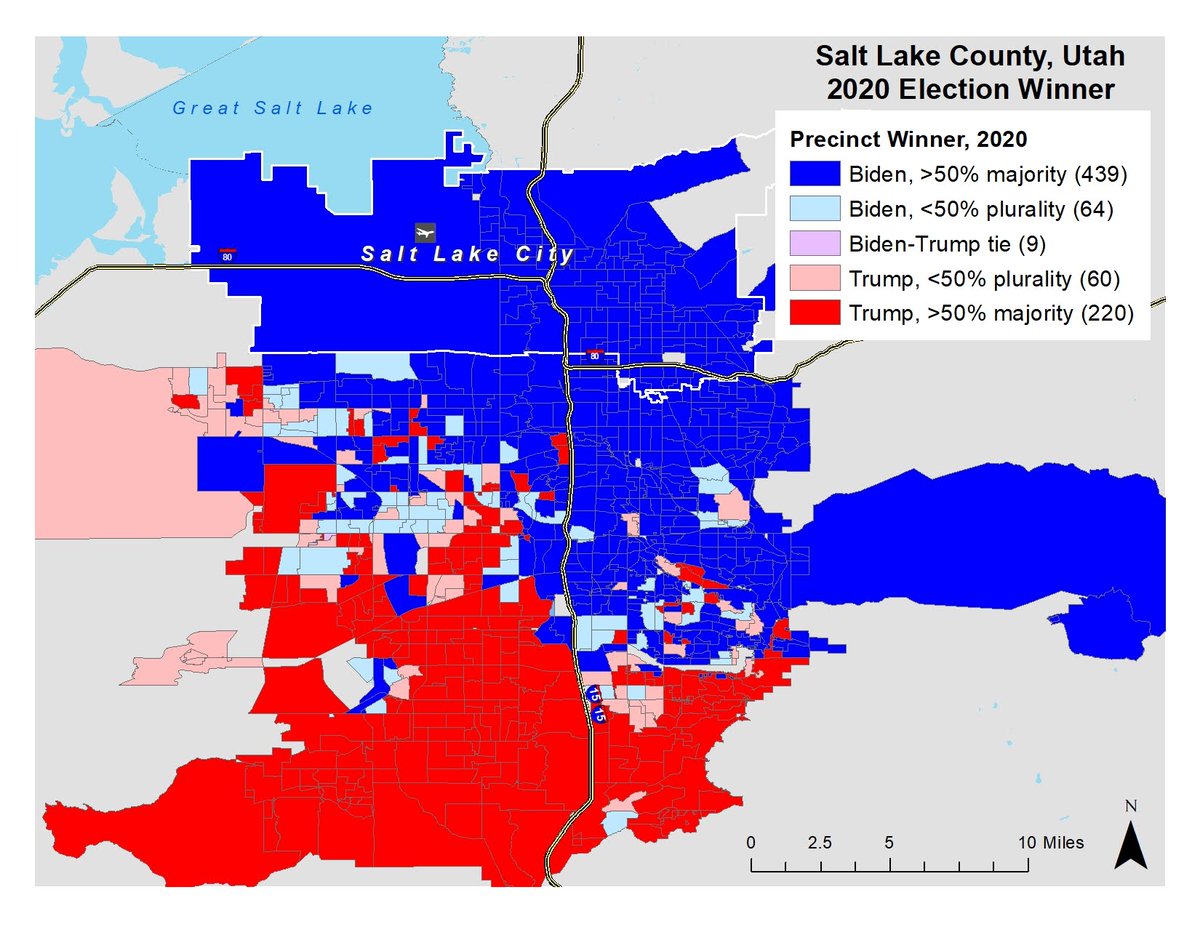 And Salt Lake City is fully blue-*not a single red precinct in 2020*This is not true in cities like Chi, Phx, NYC. SLC is a very blue capital city.Outside SLC, more diverse, highly educated, and often (but not always) less LDS places are also blue:  https://photos.app.goo.gl/xjyp4Q1q3LRCA3dG6