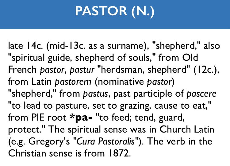 The biblical Hebrew word for Shepherd is raah, and biblical Koine Greek is poimen. Both words are translated into English as shepherd or one who pastors. The@word pastor comes from the Old French word pastur meaning a shepherd