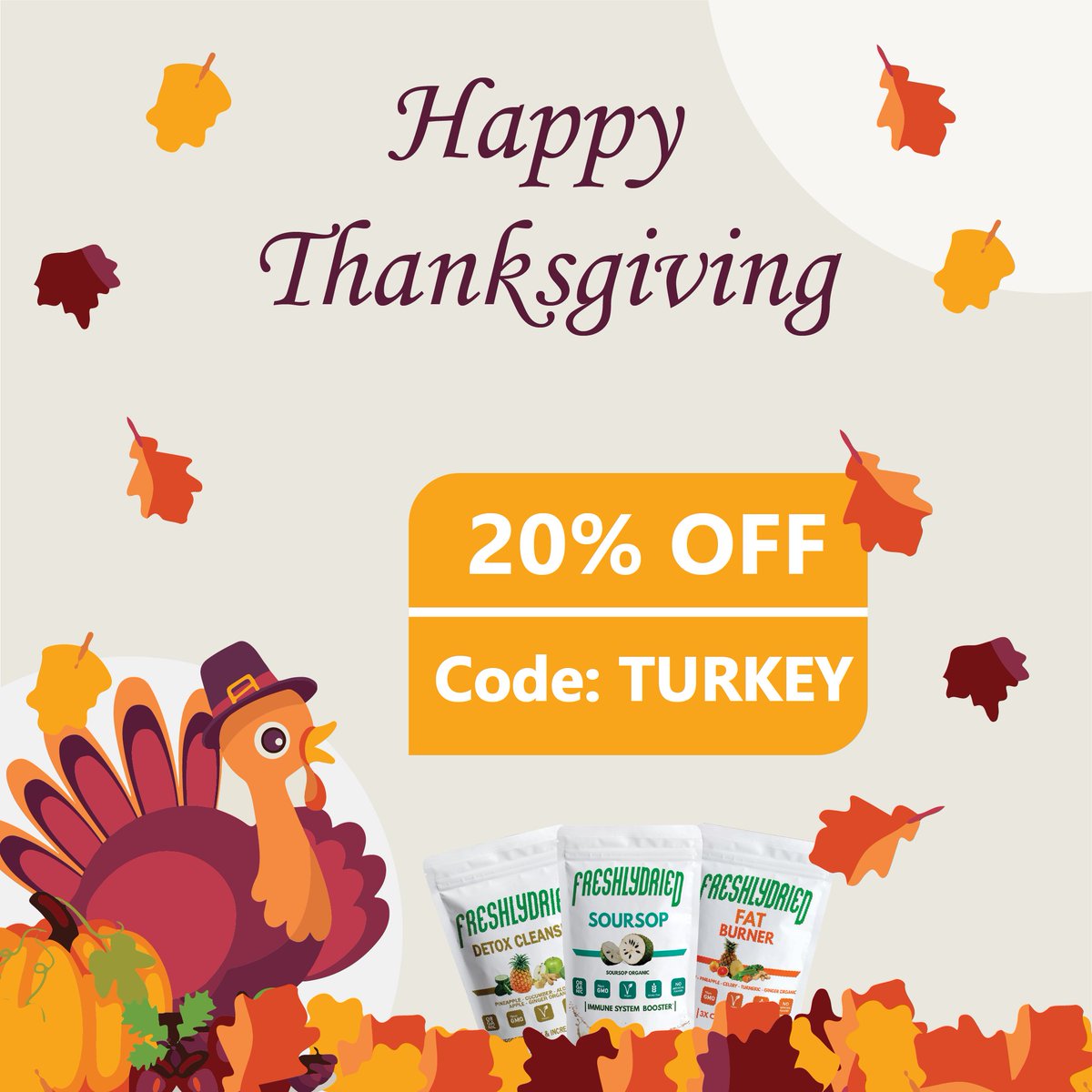 FreshlyDried's tweet photo. Happy Thanksgiving from the FreshlyDried Family to yours!!
We are so grateful for you!  As a way to thank you, here is a 20% off discount code that you can use on your next purchase. 

#HappyThanksgiving https://t.co/ii0lBJSFwN