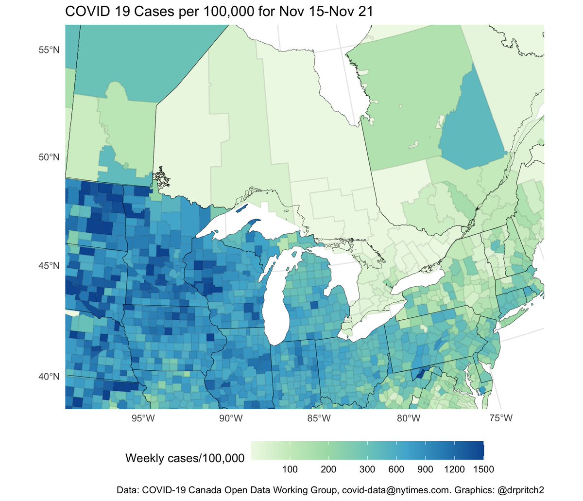 5/ When we pull back and look at Ontario in full: it starts to become obvious that it's an island of relative stability next to a sea of COVID. The scale here is non-linear: that's 7-8x higher rates than Peel, showing up in NW Minnesota up against the Manitoba border.