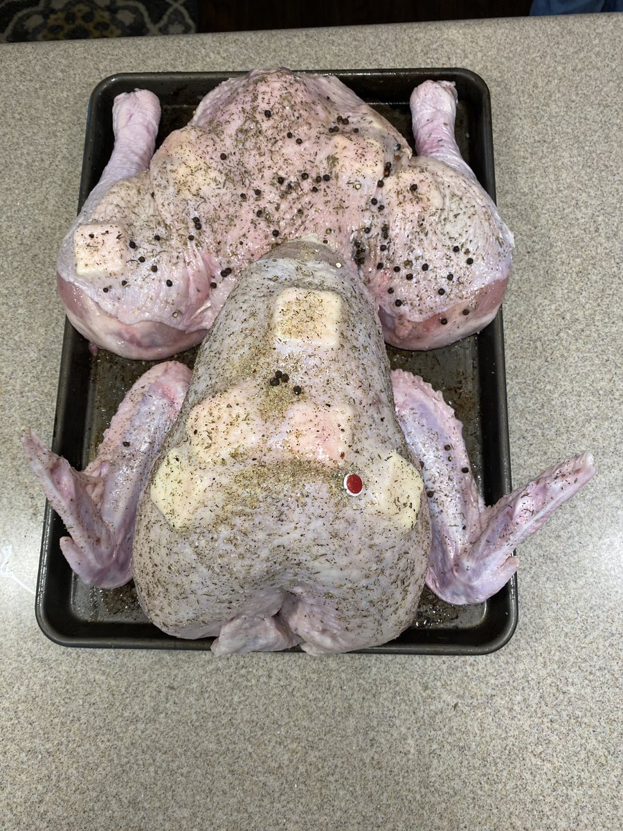 jmherrington5's tweet photo. The meat is ready for tomorrow. Both will be going on the @WeberGrills.  #nystrip #spatchcockedturkey https://t.co/4QCj5FliRL