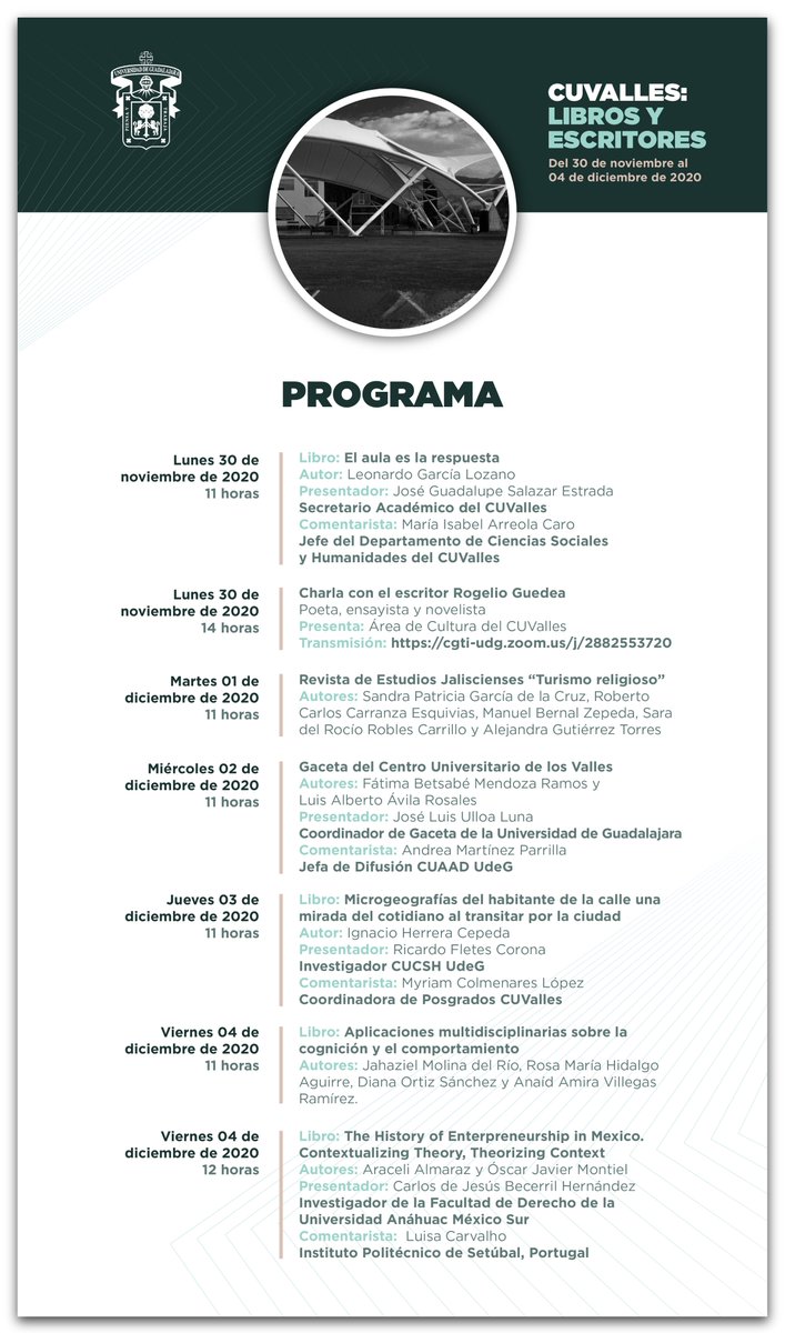 cuvallesudg's tweet photo. El Centro Universitario de los Valles #CUValles, a través de la Coordinación de #Extensión y sus áreas de #Editorial y de #Cultura, invitan a las actividades de la semana CUValles: Libros y Escritores, donde podrás conocer las últimas novedades editoriales del #CUValles. https://t.co/4rq2ZyCjGe