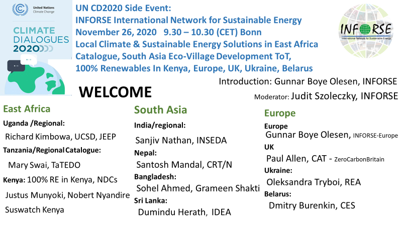 INFORSE_org's tweet photo. We start at 9:30 (CET, Bonn time) JOIN US: 26/11 @UNFCCC #CD2020 SideEvent: Local ClimateSolutions EastAfrica SouthAsia, 100% #Renewables. Europe. @INFORSE_org @INFORSE_EU @EastInforse @TaTEDOtz @inseda_org @ugandacoalition @Suswatch_Kenya #ClimateDialogues #COP26 https://t.co/Tq3j2G0LDv