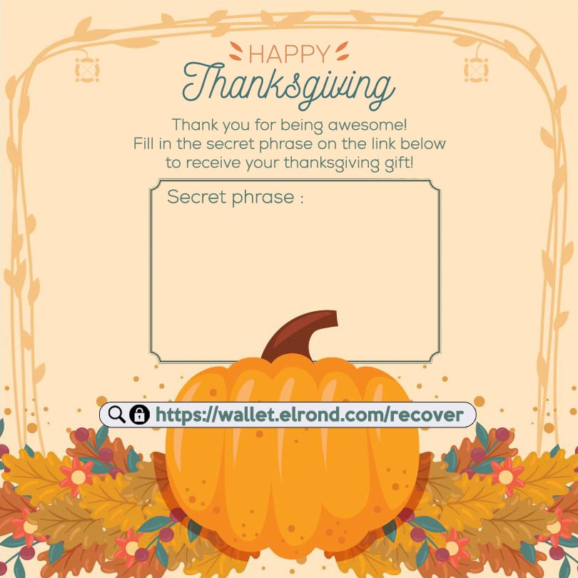 MultiversXUSA's tweet photo. The best way to share this joyful moment is by sharing your excitement.

We've prepared these Thanksgiving-themed $EGLD wallet gift cards so you can share the happiness! 🥳

We are truly grateful to have you in the #Elrond community ❤️
Happy Thanksgiving 🦃 https://t.co/yiX8Gz8uvw