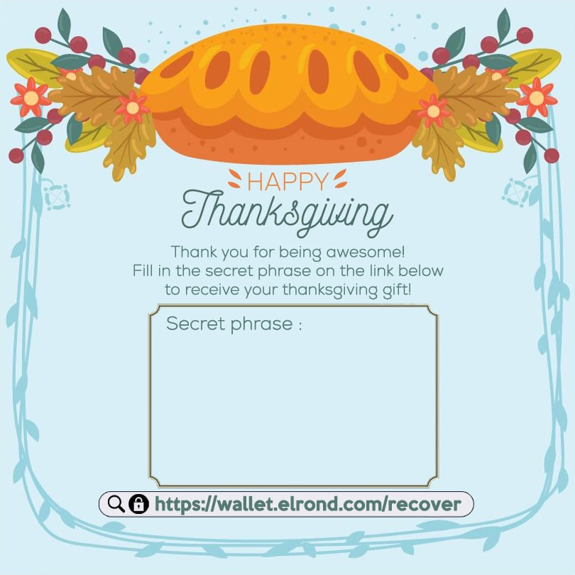 MultiversXUSA's tweet photo. The best way to share this joyful moment is by sharing your excitement.

We've prepared these Thanksgiving-themed $EGLD wallet gift cards so you can share the happiness! 🥳

We are truly grateful to have you in the #Elrond community ❤️
Happy Thanksgiving 🦃 https://t.co/yiX8Gz8uvw