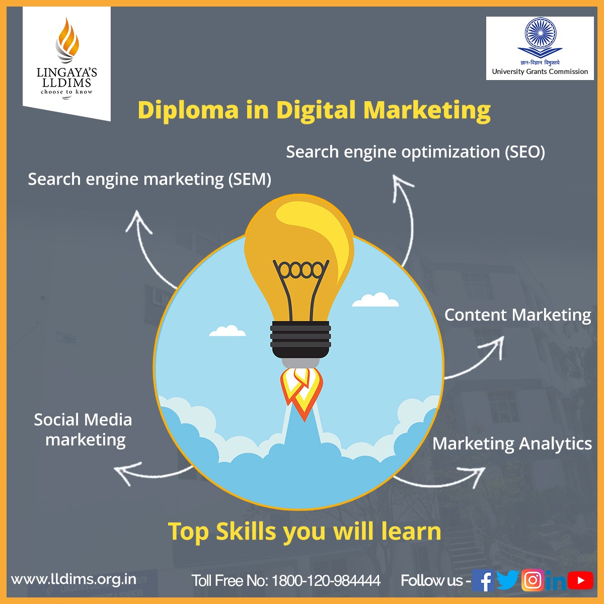 lingayaslldims's tweet photo. For the first time in India, a Digital Marketing Course which comes with UGC recognition, only at LLDIMS.

Admissions Open! 

To know more, Call 1800-120-984444

#digitalmarketing #UGCRecognition #lldims #DigitalMarketingCourse #Diploma #DiplomaDigitalMarketing #AdmissionsOpen https://t.co/Z4zLHVMZAv