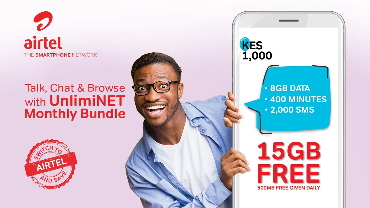 AIRTEL_KE's tweet photo. Talk, browse and chat much more with family and friends with UnlimiNET 1000! Enjoy 8GB + FREE 15GB Data, 400 minutes and 2,000 SMS. Simply dial *544# to subscribe today. #UnlimiNET1000 #TheHonestNetwork https://t.co/qzPHyt5Hvu