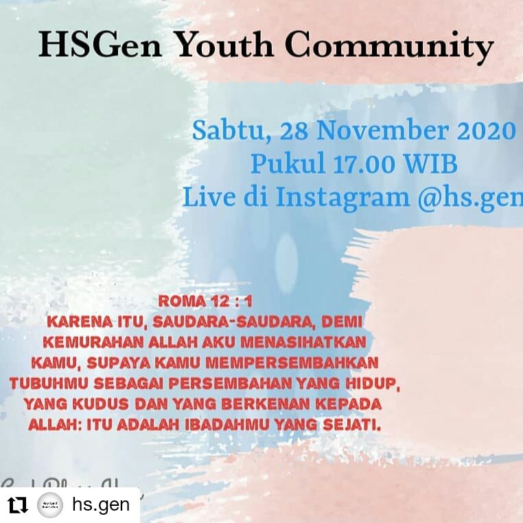 #Repost <a href="/hs/">秋雨</a>.gen

Jangan lupa Sabtu ini kita ketemu lagi di ibadah HSGen live instagram jam 5 sore. 

Jangan lupa juga ajakin teman-teman, saudara, sahabat untuk sama-sama menerima berkat Tuhan di ibadah ini. Sampai jumpa hari Sabtu👋🏻👋🏻. Tuhan Yesus memberkati😇