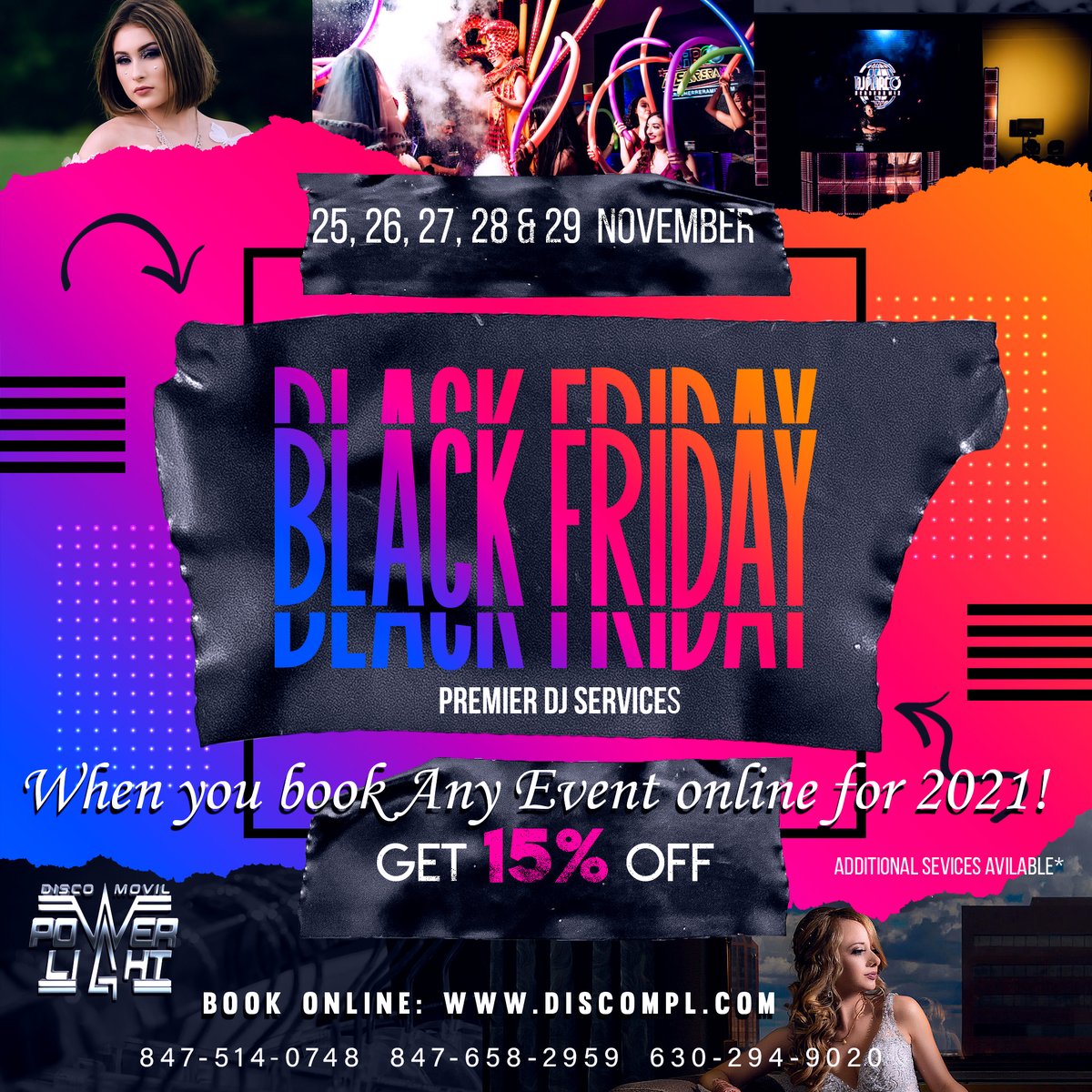 Get 15% Discount when you book Premier DJ Services from DiscoMPL.com in our Black Friday sale, 4 different packages, many Additional Services available, all services on sale for the whole 2021 season, BOOK NOW!
DiscoMPL.com