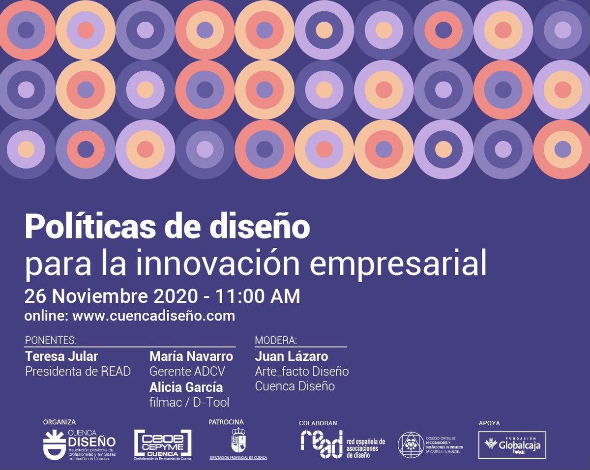 ADCV_com's tweet image. 📌Hoy 11h. ‘Políticas de diseño para la innovación empresarial’ dentro de las jornadas “Cuenca Diseña 2020”.

Participan: María Navarro, gerente ADCV; Alicia García, del equipo dirección #DTool y Teresa Jular, presidenta @Foro_READ 
Modera: Juan Lázaro

➡️jornadascuencadiseno.com