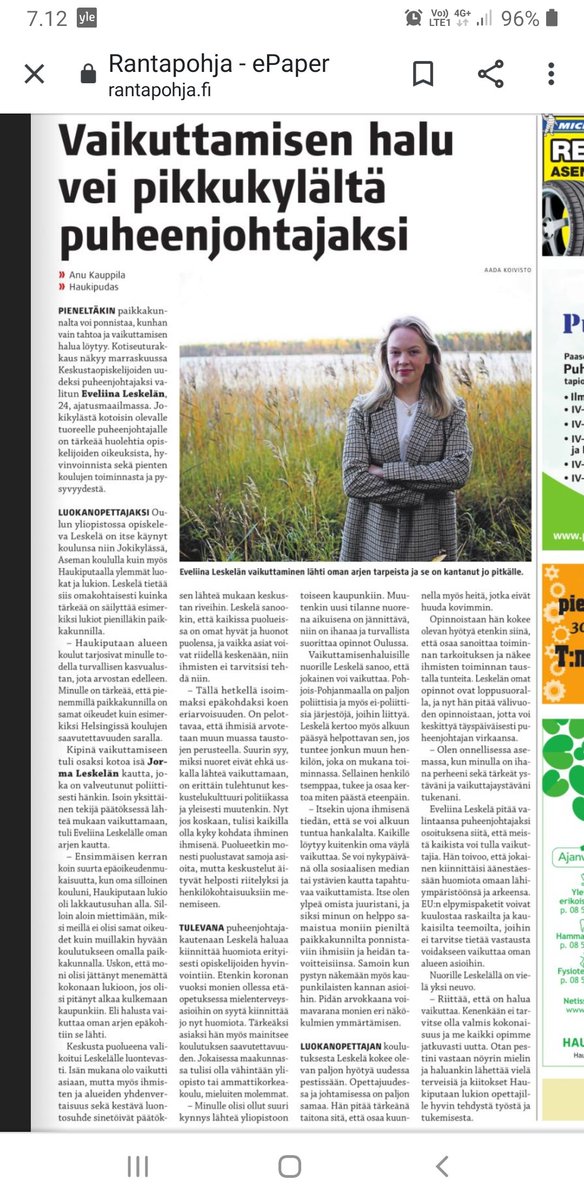 JLeskela's tweet photo. Paikallislehti @rantapohja kirjoittaa mukavasti tyttärestäni @eveliinaleskela stä! #rantapohja @KOLry #jokikylä #haukipudas #paikallislehti https://t.co/zXfi5UpjhB