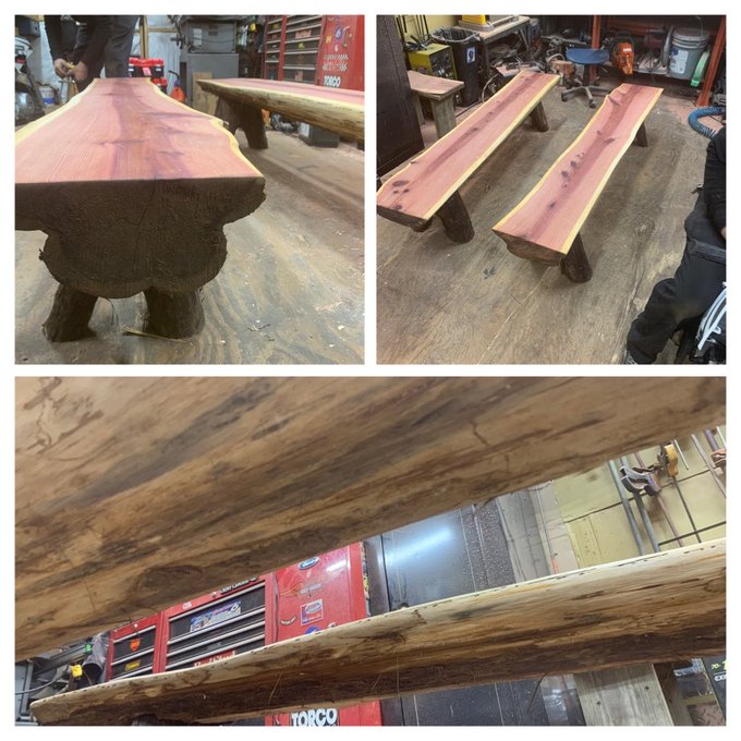 Solid cedar wood benches with solid walnut legs. Sold as a pair $425.00 or OBO https://t.co/8AkewqG8<a href="/tag/newprofilepic"class="tags"><span>#newprofilepic</span></a>