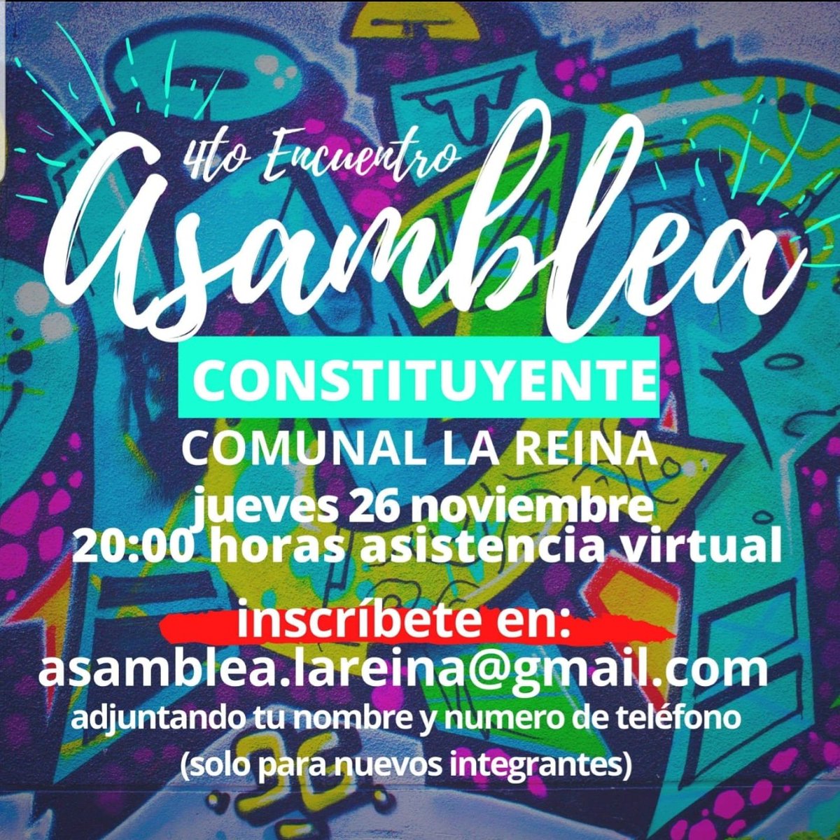 Imperdible!
No dejes de sumarte a los encuentros 
Jueves 26 de noviembre
a las 20:00 hrs.
4to encuentro
Asamblea Constituyente 
comuna La Reina
Reunión vía zoom
.
.
#constituyentes #unidxs
#encuentro #asamblea