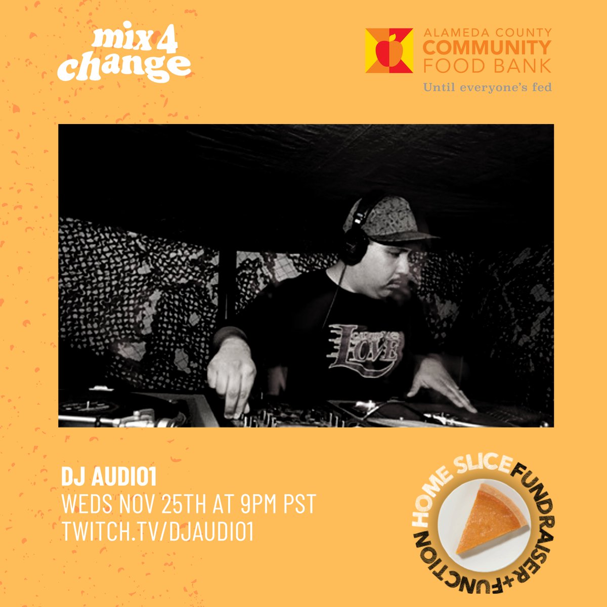 9pm PST - HOME SLICE: Fundraiser for @ACCFB alongside <a href="/djMackswell/">MΔCKSWΣLL</a> &amp; <a href="/mix4change/">Mix4Change</a>. I'm rocking 100% latin jams. Every $1 donation provides 2 whole meals for one of our neighbors in need. Join us at twitch.tv/djaudio1 - You can donate directly to bit.ly/homeslice2020 🥧🥧🥧