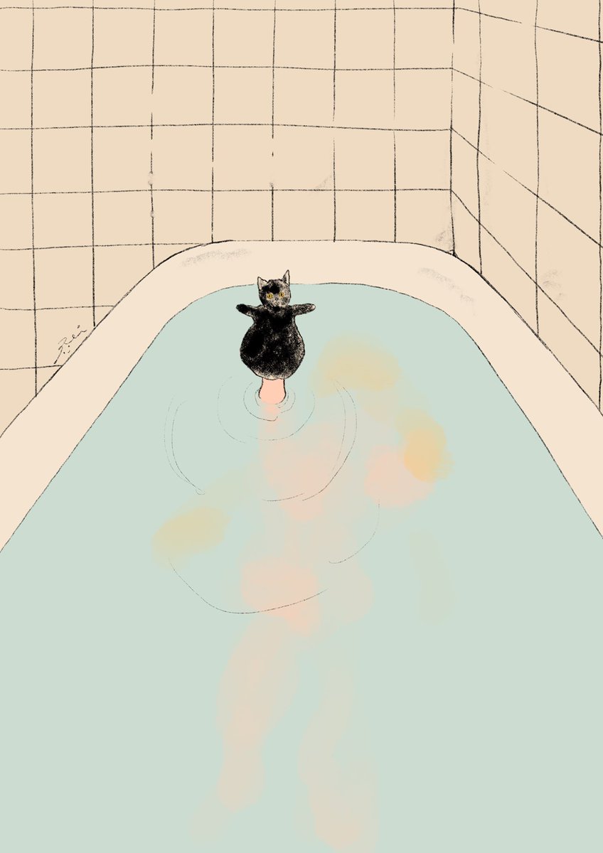 tiles solo bathtub water tile floor black cat cat  illustration images