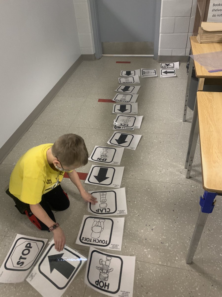gagne_k's tweet photo. Coding fun today in Grade 2/3! Students created movement codes for their “teacher robot” to use! #socialdistancelearning #creativeminds #problemsolving @BellviewBobcat  @GEDSB https://t.co/HAQHge5ckO