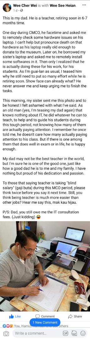 khalidbinainon's tweet photo. Ada guru yang betul betul komited mengajar dan jangan kita salah sangka semua cikgu relaks semasa PKP ni. Terharu aku baca cerita ni. Semoga ramai lagi cikgu macam ni.

Respek! 👍 https://t.co/beeq0HUUCe