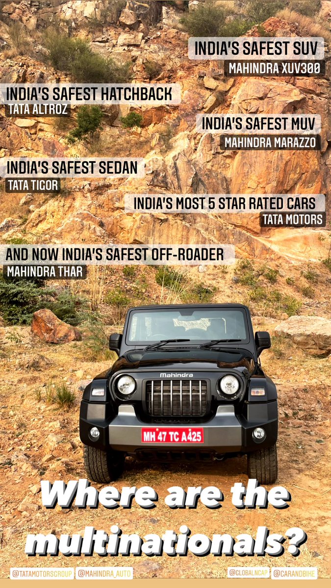 1/x India’s safest cars come from Tata and Mahindra. With every major automotive group (now except GM) represented here in India, my question is, “Where are the multinationals?” This thread continuesSVP  #SaferCarsForIndia