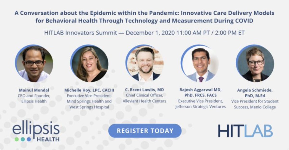 Looking forward to seeing @SFmainul and @EllipsisHealth moderate an important conversation about innovative care delivery models for behavioral health at the @HITLABnyc Innovators Summit on December 1. Join us: bit.ly/2J1DlE4 
#healthcare @docaggarwal