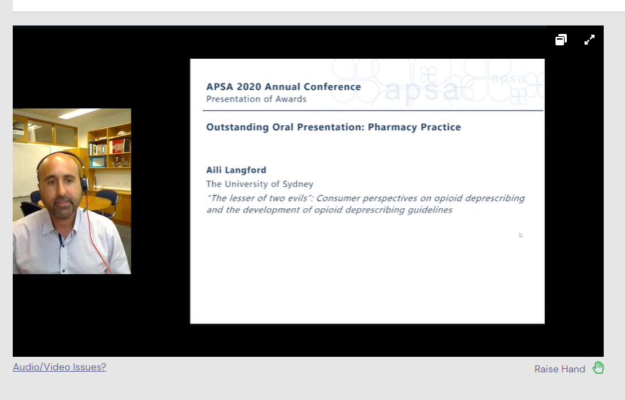 JonPenm's tweet photo. Congratulations to @AiliLangford and our research team for getting the outstanding oral presentation in pharmacy practice @ASCEPTconf #ASCEPTAPSA2020 for Consumer perspectives on opioid deprescribing @DrCarlSchneider @DanijelaGnjidic @DrChristineLin @Sydney_Uni https://t.co/kXrqMXG2oy