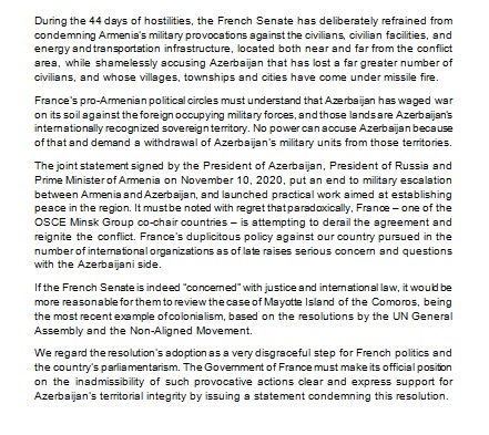 Comment  on recognition of the so-called “Nagorno-Karabakh republic” by the Senate of France
