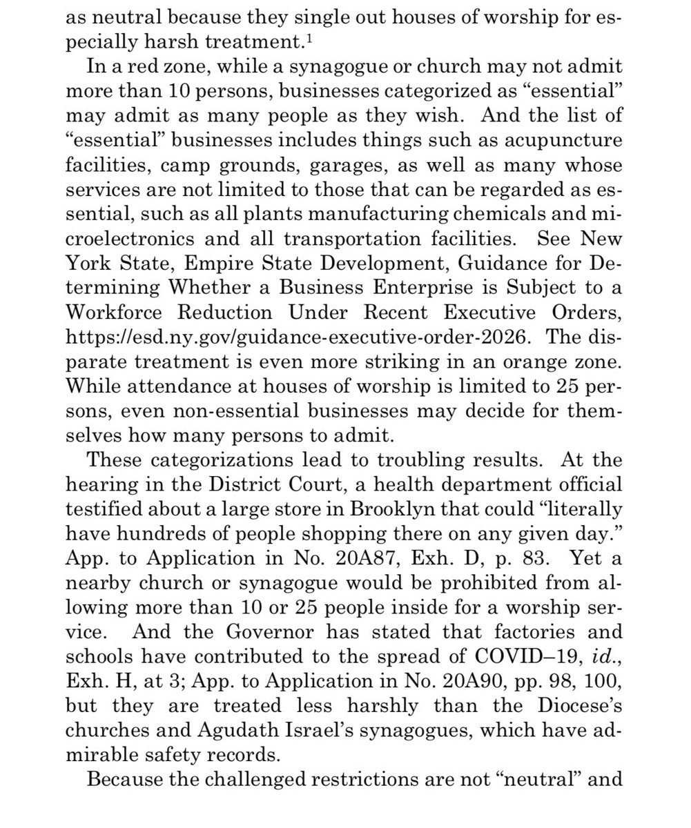 JUST IN: U.S. Supreme Court sides with Catholics/Jews in case against NY Gov. Cuomo’s order restricting public gatherings.“In a red zone, while a synagogue or church may not admit more than 10 persons, businesses categorized as ‘essential’ may admit as many people as they wish.”