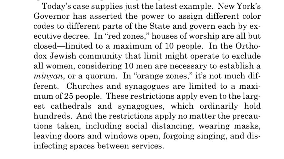 Gorsuch: Essentially Cuomo is making women stay home from Shul, because 10 males are necessary for a quorum.