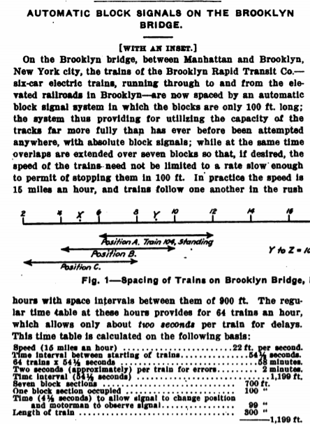 BMT's signal engineers divided the bridge into a series of 100 foot blocks of track, each of which could 'tell' if a train was occupying it. These blocks, and the signals governing them, were designed to keep trains 900 feet apart while crossing the span, and