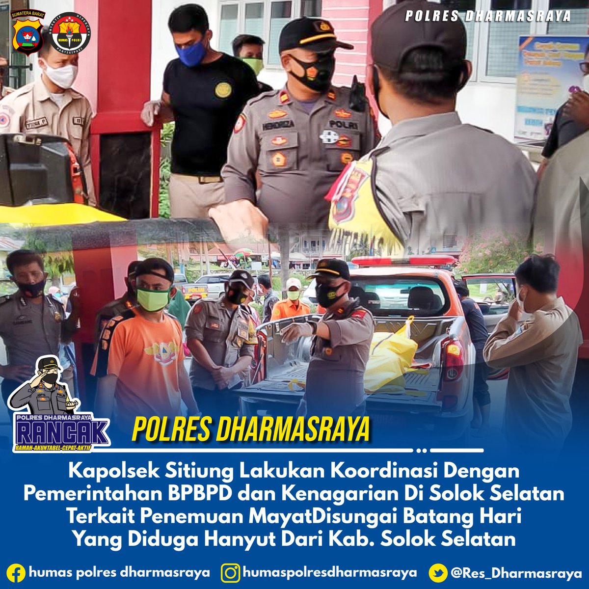 Res_Dharmasraya's tweet photo. Kapolsek @Polsek_Sitiung1 Iptu @Hendriza8 lakukan koodinasi dengan pihak BPBD Kab. Solok Selatan dan pihak kenagarian untuk melakukan identifikasi korban yang diduga hanyut dari Solok Selatan https://t.co/fUxxcmeryF