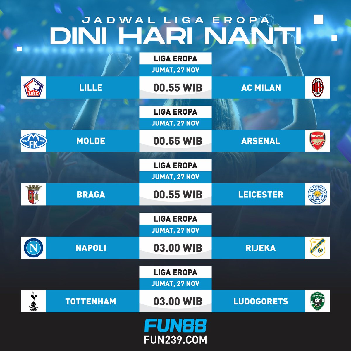 fun88id's tweet photo. Jadwal Liga EROPA Malam ini!
Yuk dukung Tim Kesayangan kamu lewat link https://t.co/JXtQoMYP7x &amp; Dapatkan bonus harian 5% di Sportsbook Fun88 TIAP HARInya serta Klaim juga Bonus Extra PARLAY winning hingga 5 Juta rupiah.
Jangan sampai ketinggalan 😉
.
#fun88 #fun88id
#simpleisfun https://t.co/HFGf1rUuIV