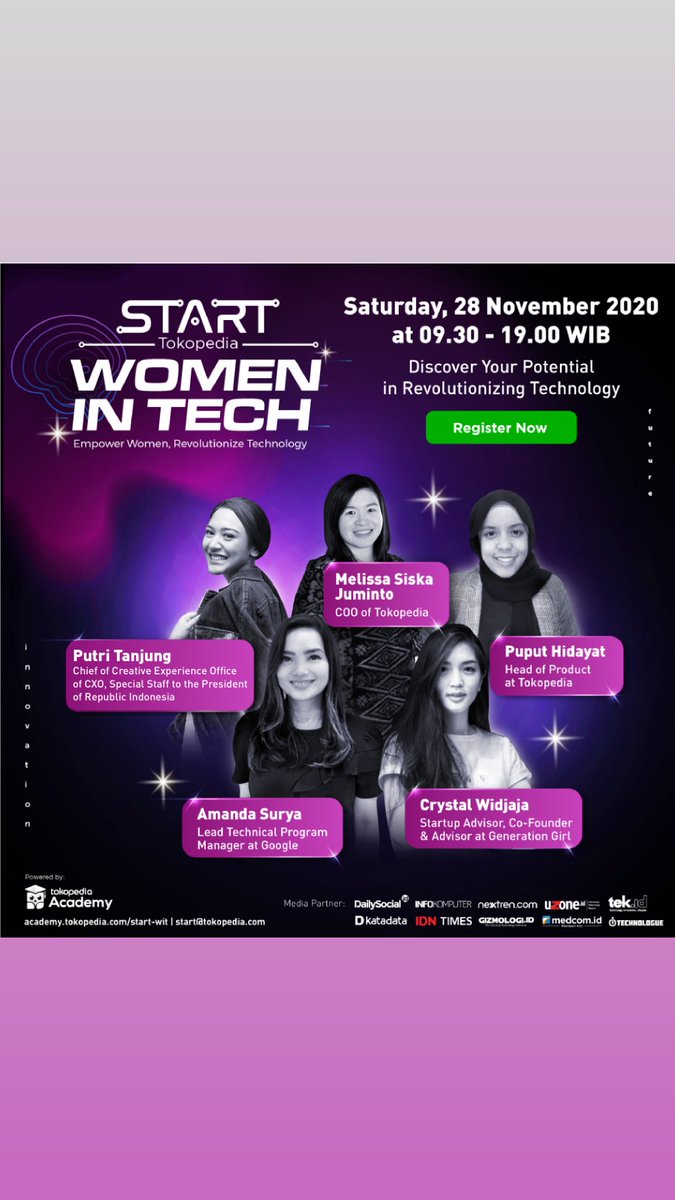 Join me this Saturday @tokopedia START event for women in tech. Let's talk about human-computer collaboration and data diversity. Register at tkp.me/start-wit

#womenintech #virtualconference #tokopediaSTART #tokopedia