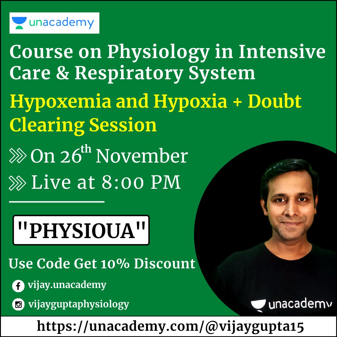 vijaygupta01's tweet photo. Course on Physiology in Intensive Care - Respiratory System

Lesson 4: Hypoxemia and Hypoxia

26november, 2020 at #Unacademy

Live at: 8:00 PM

Join with this link: https://t.co/X1MBYZSrl2

Use Code: "PHYSIOUA"

Get a discount of 10%

#vijayguptaphysiology #NEETPG #Delhi #Aiims https://t.co/uzBIbrEKlL