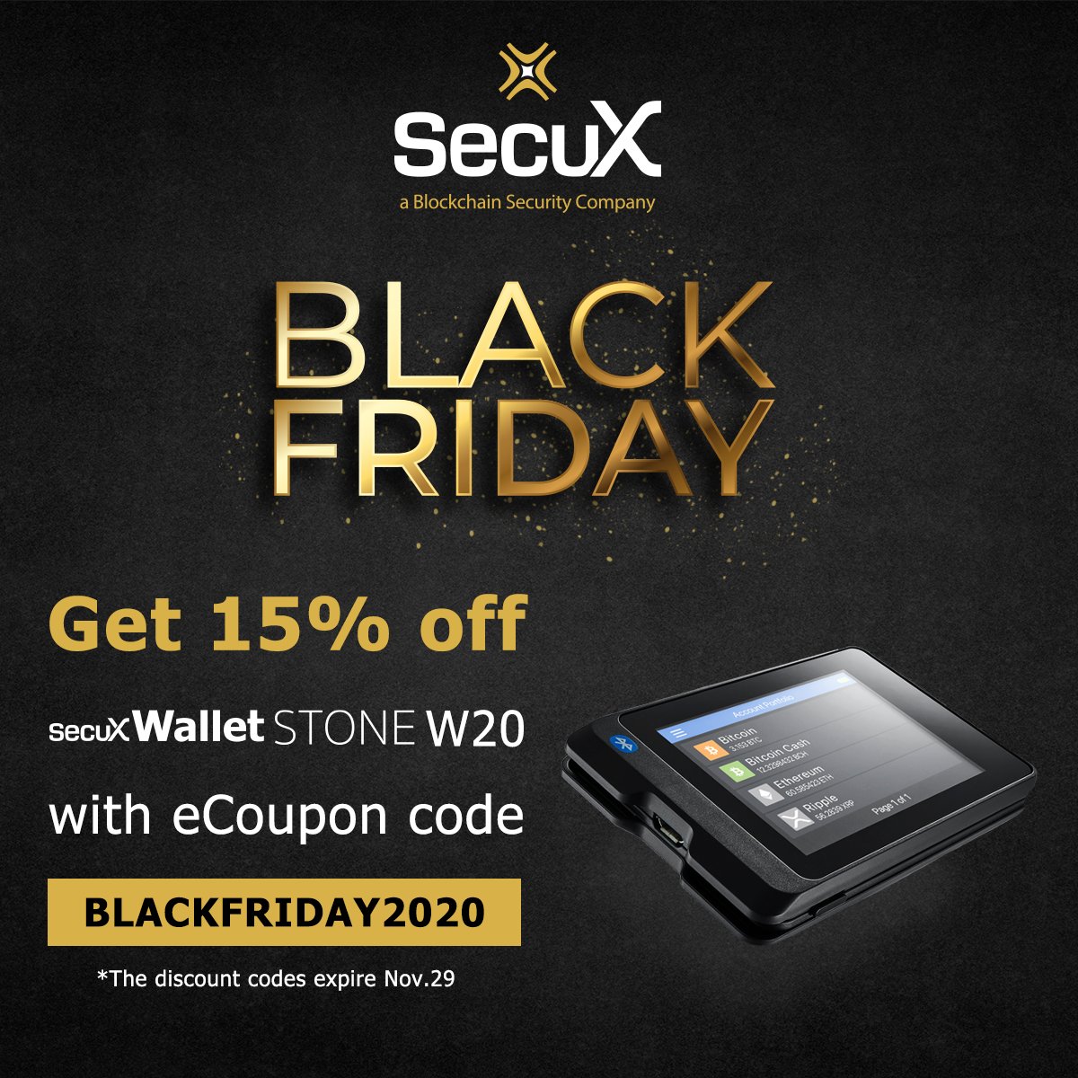 SecuXwallet's tweet photo. #Thanksgiving & #BLACKFRIDAY DEAL!
Enjoy 15% discount and get your SecuX STONE W20 with eCoupon code “ BLACKFRIDAY2020 ”
BUY NOW: https://t.co/eiqF8Qtyrx
#SecurityChip #LargeTouchscreen #CrossPlatform
#Bitcoin #cryptocurrency #cryptowallet https://t.co/KktAwOqL3Q
