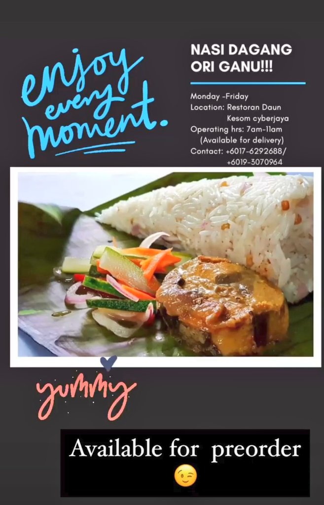 kongsi2cerita's tweet photo. Assalamualaikum warga Cyberjaya yg mana teringin nak makan Nasi Dagang Ori Ganu kite boleh ke Restoran Daun Kesom or direct text nombor yg kat gambar .

Min dah try Nasi dia jer pun sedap Moh ler kita try😁.

#kitasupportkita
#KitaJagaKita https://t.co/ojU20TB1ha