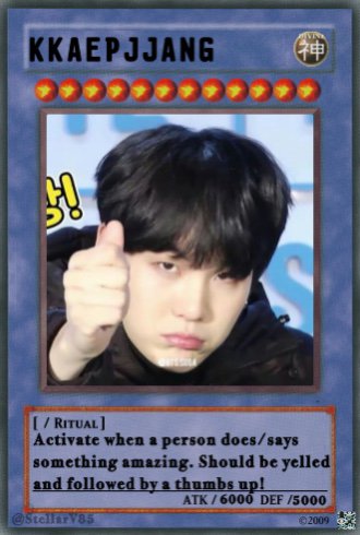 LdOfTheStrings's tweet photo. Our discord server is making some new BTS Trap Cards. Thank you to @StellarV85 for making the cards. I made the captions. We have a lot of fun with the originals we found online, but keep adding to them! #BTS #btsfanart #BTS_BE #BTSARMY #bts #yugioh #trapcards #YOONGI #BTSSUGA https://t.co/qaaXIc8T1o