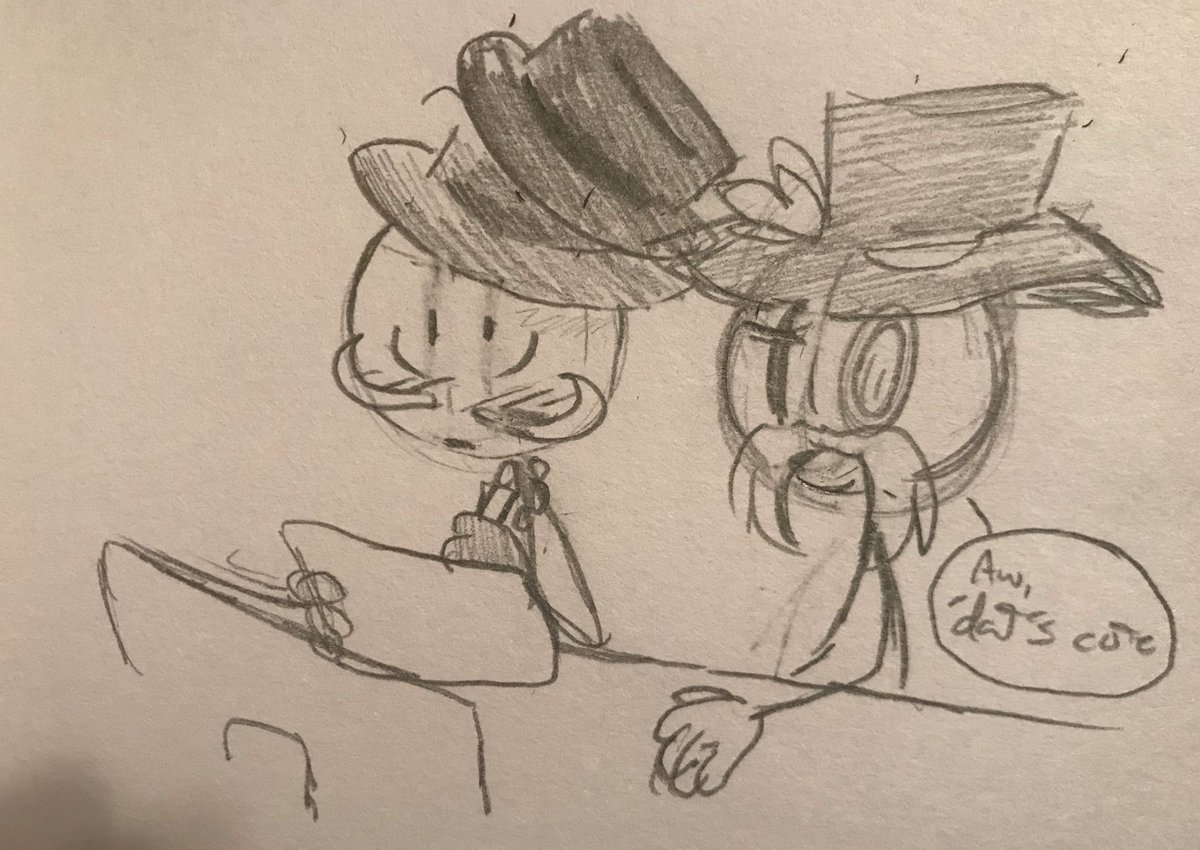 spiceyacorn's tweet photo. Right: “Aw, ‘dat’s cute.”
Reg: “Y-You think so, Right?” 
Right: “‘f course ah’ do. Y’got talent, Reg.” 

(Please help me idk how to draw romantic floaty poses) 
#ReginaldCopperbottom #RightHandMan #Copperright #HenryStickmin https://t.co/Vu6xbBM4We