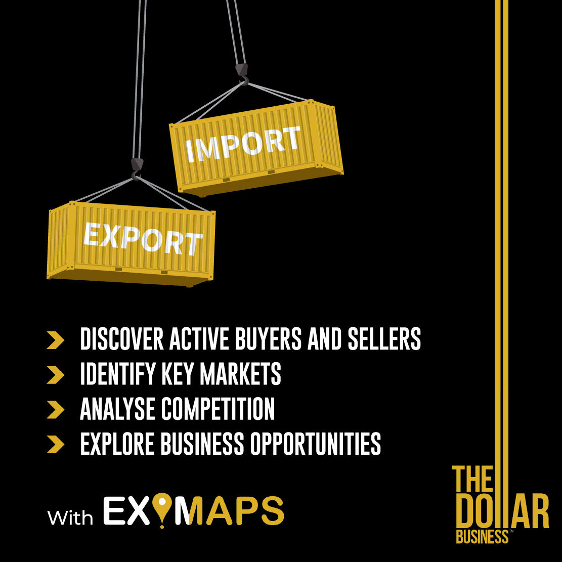 TheDollarBiz's tweet photo. Growing your export-import business could become an easier task. Try EXIMAPS.
To request a personalised demo, send TDB EXIM TO 56161 or call us on +91-8886636343.
.
.
.
.
.
.
#ExportImportAnalytics #BusinessIntelligence #GlobalTrade  #ImportExportData #TheDollarBusiness #Eximaps https://t.co/bjud27fGwl
