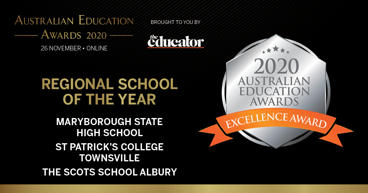 The Educator (@theeducatorau) on Twitter photo The Regional School of the Year excellence awardees are Maryborough State High School, <a href="/StPatsTSV/">St Patrick's College</a> and The Scots School Albury! Congratulations! #AusEdAwards The Regional School of the Year excellence awardees are Maryborough State High School, <a href="/StPatsTSV/">St Patrick's College</a> and The Scots School Albury! Congratulations! #AusEdAwards