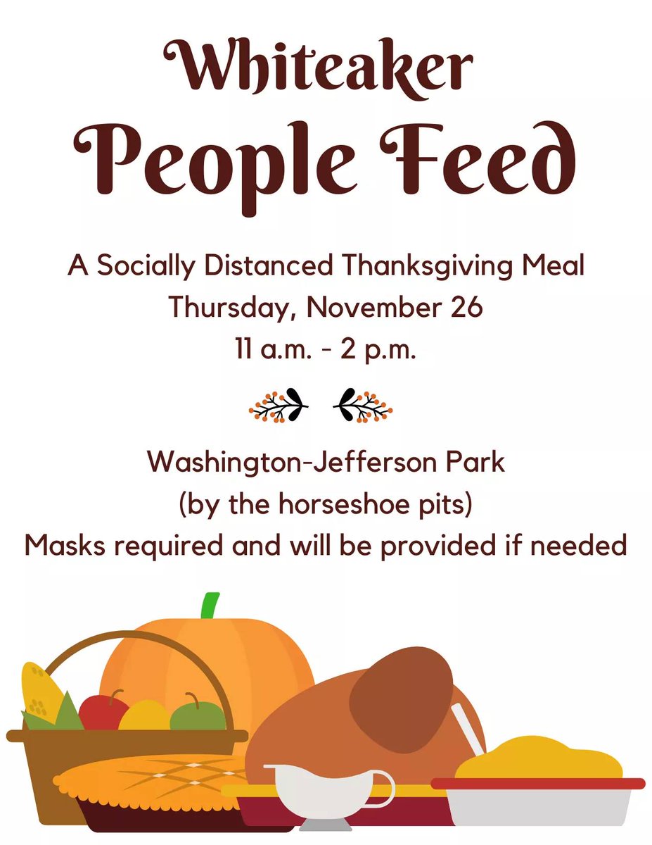 WhiteBirdClinic's tweet photo. THREAD: A socially distanced Thanksgiving meal will be prepared and served to the homeless and food insecure on Thanksgiving from 11am to 2pm in the Washington Jefferson park near the horseshoe pits.  (1/7) https://t.co/XB1UyOp2sp